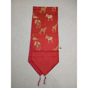 Stratford Home Red‎ Safari Table Runner Gold Embroidered Animals Tassels 71x13